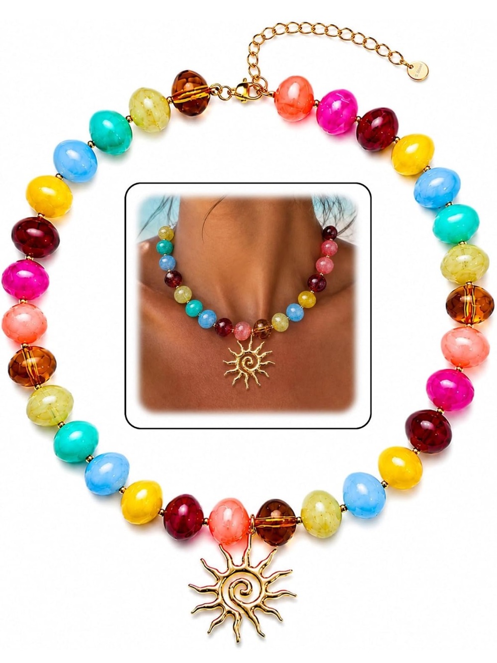 New Multicolor Bead Necklace with Gold Sunburst Charm